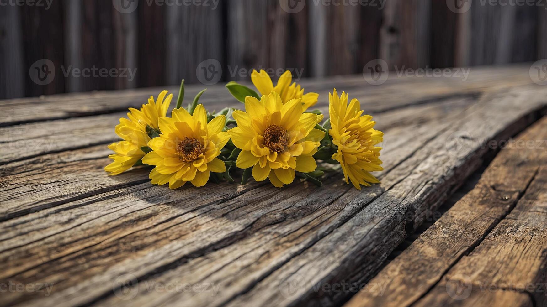 Weathered wooden boards adorned with yellow blooms. photo