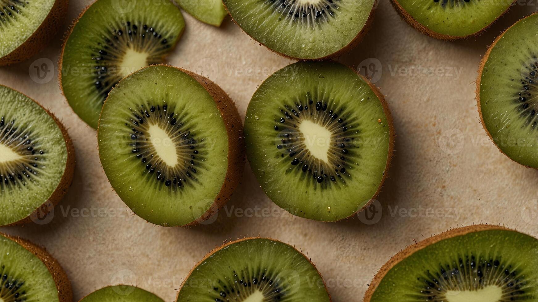 Slices of kiwi on a beige background, flat lay Fresh and healthy fruit concept. photo