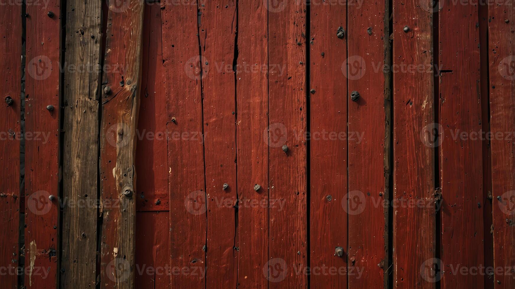 Weathered fence with knots on red panels and closed slots Vertical structure. photo