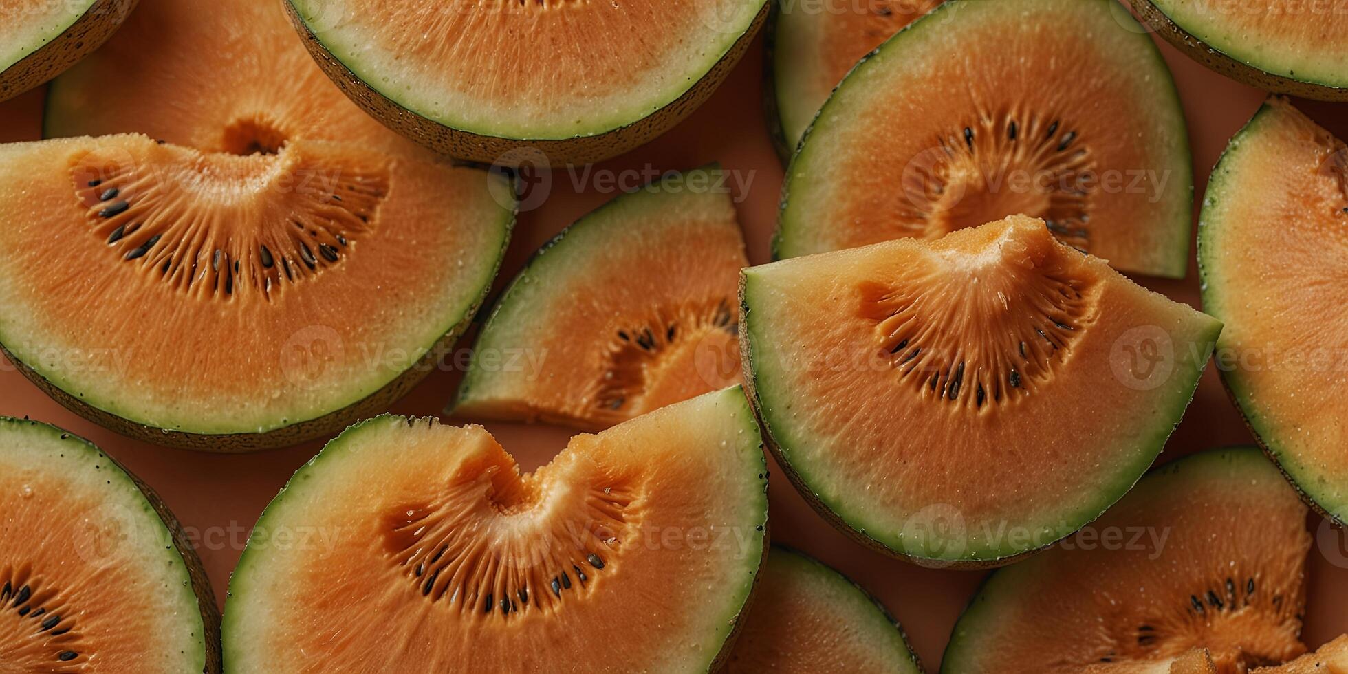 Slices of fresh cantaloupe melon on peach background, top view Healthy eating and summer fruit concept. photo