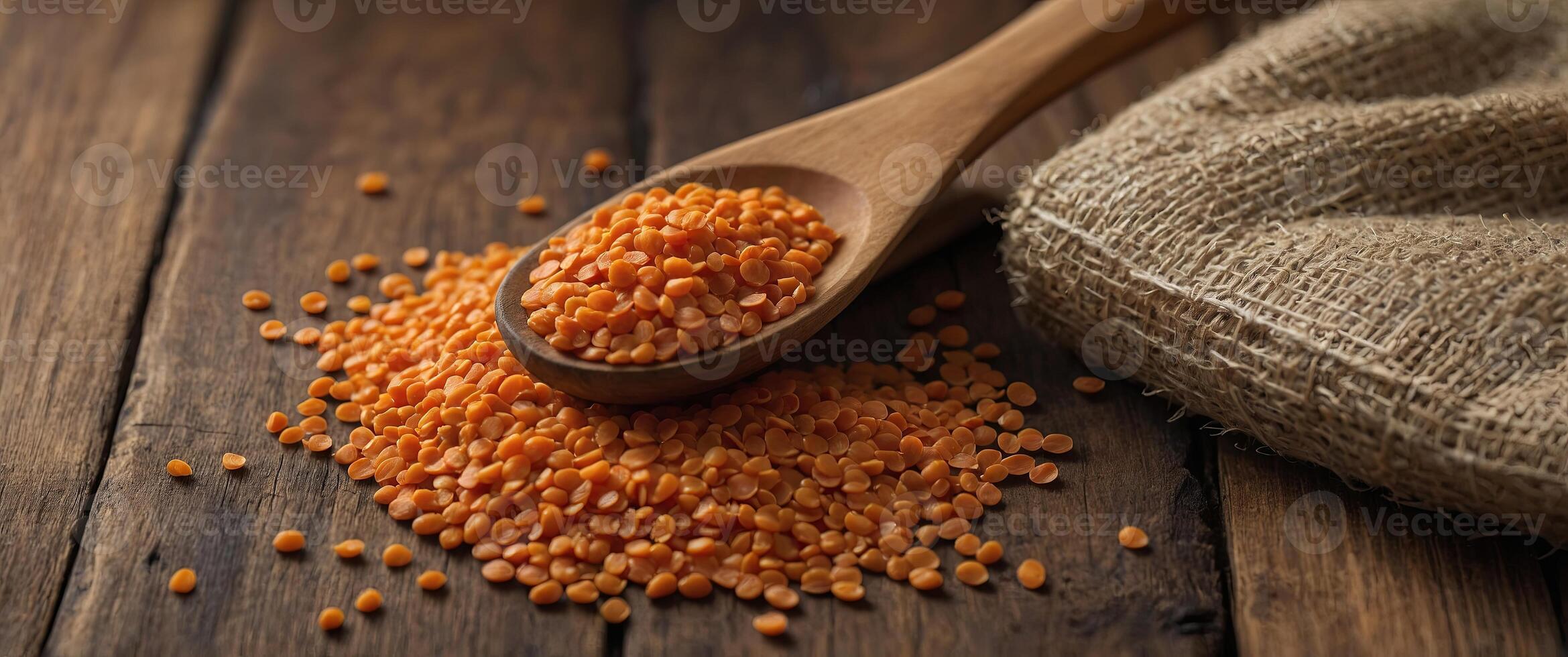 Red lentils on wooden background with copy space. photo