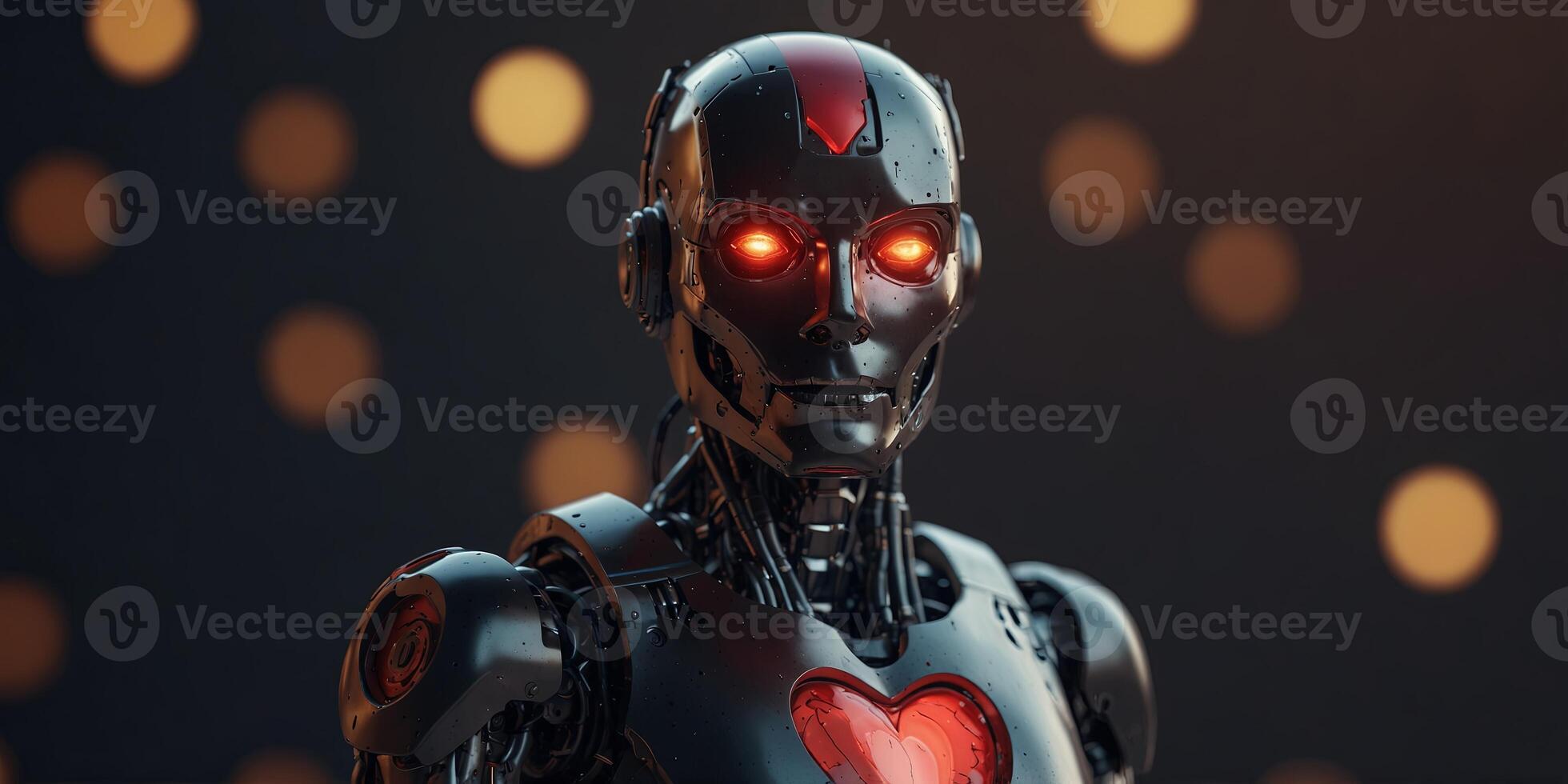 Robot With Heart Emblem on Its Chest, Symbol of Love and Technology Unity. photo