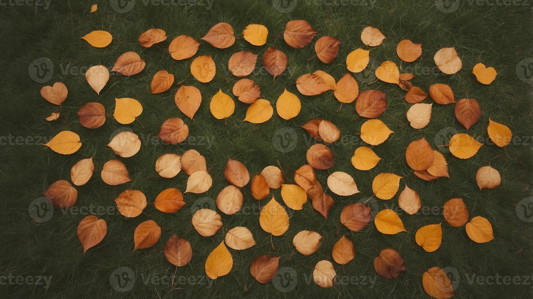 Heart-shaped autumn leaves arranged in circle on grass. photo