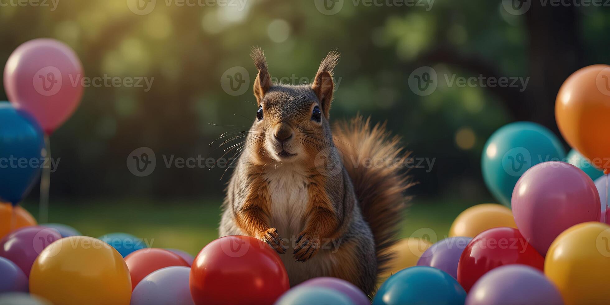 Squirrel holding colorful balloons on a gradient background, whimsical concept. photo