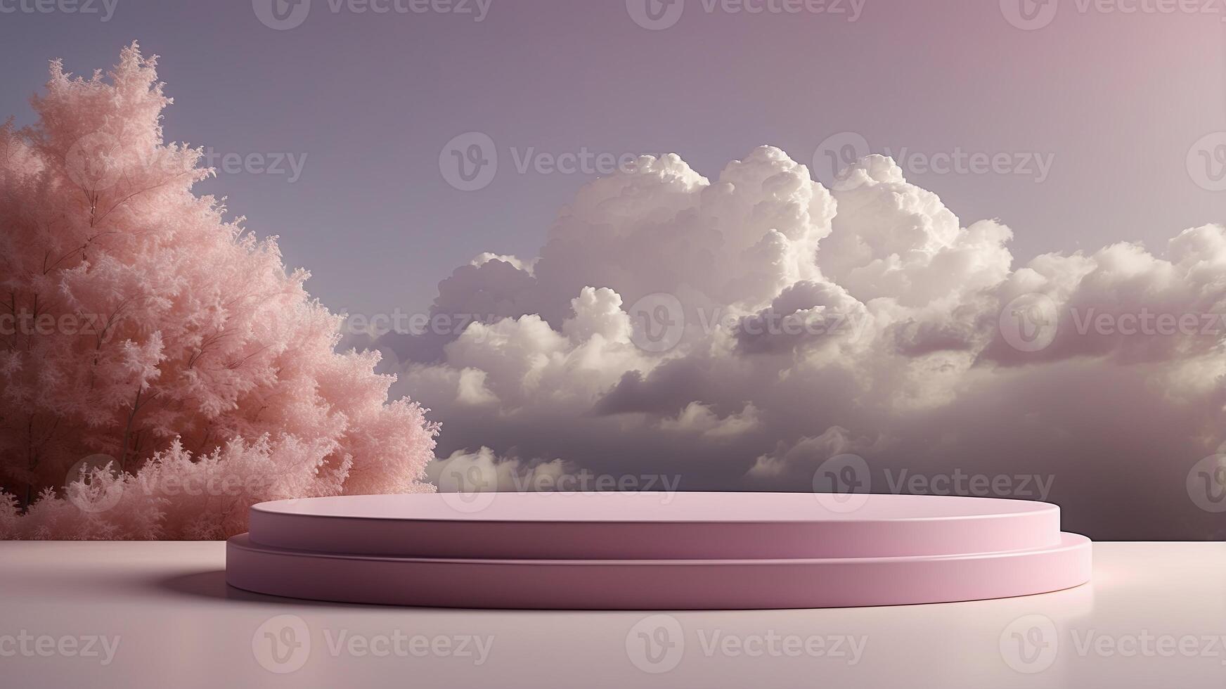 Pastel pink, violet podium stage with cloud and skies background landscape Mockup template for product presentation. photo