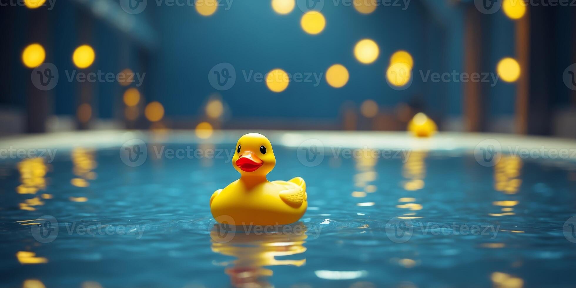 Yellow rubber duck floating in a bright blue pool Captures a playful summer atmosphere. photo