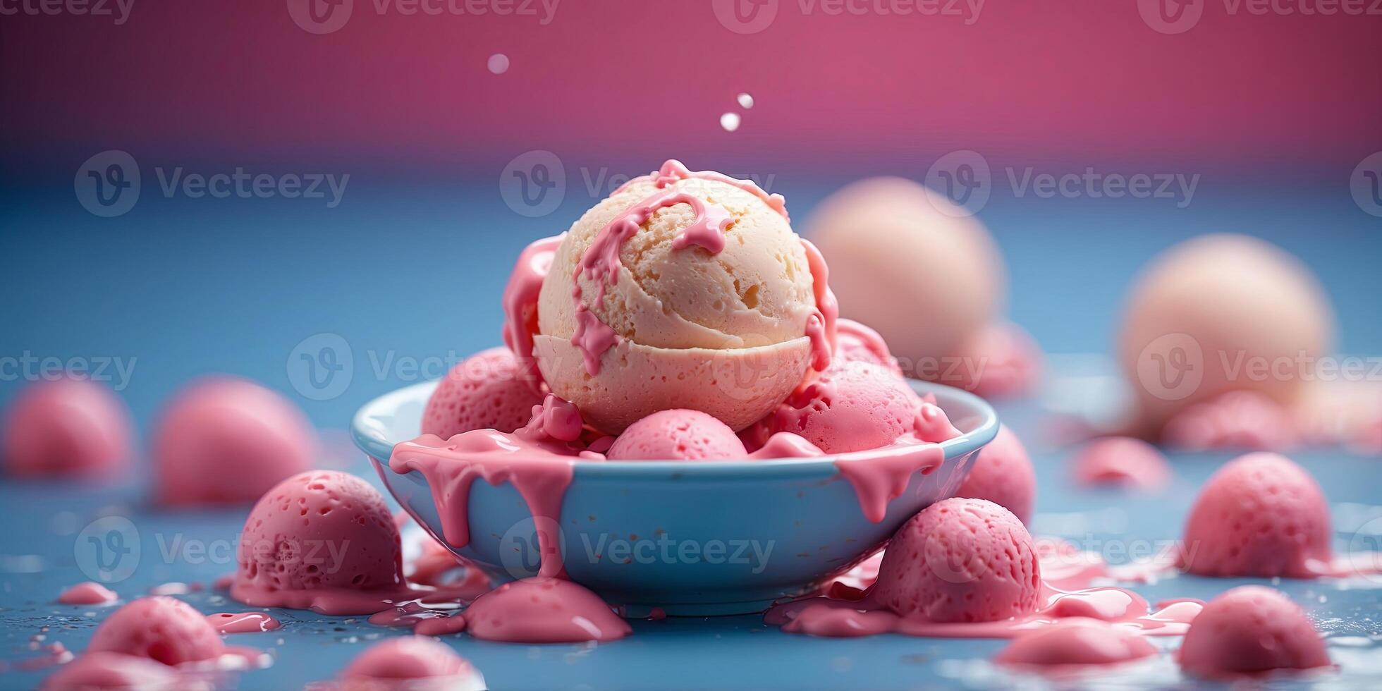 Pink Ice Cream melting on blue surface Summer food idea with copy-space. photo
