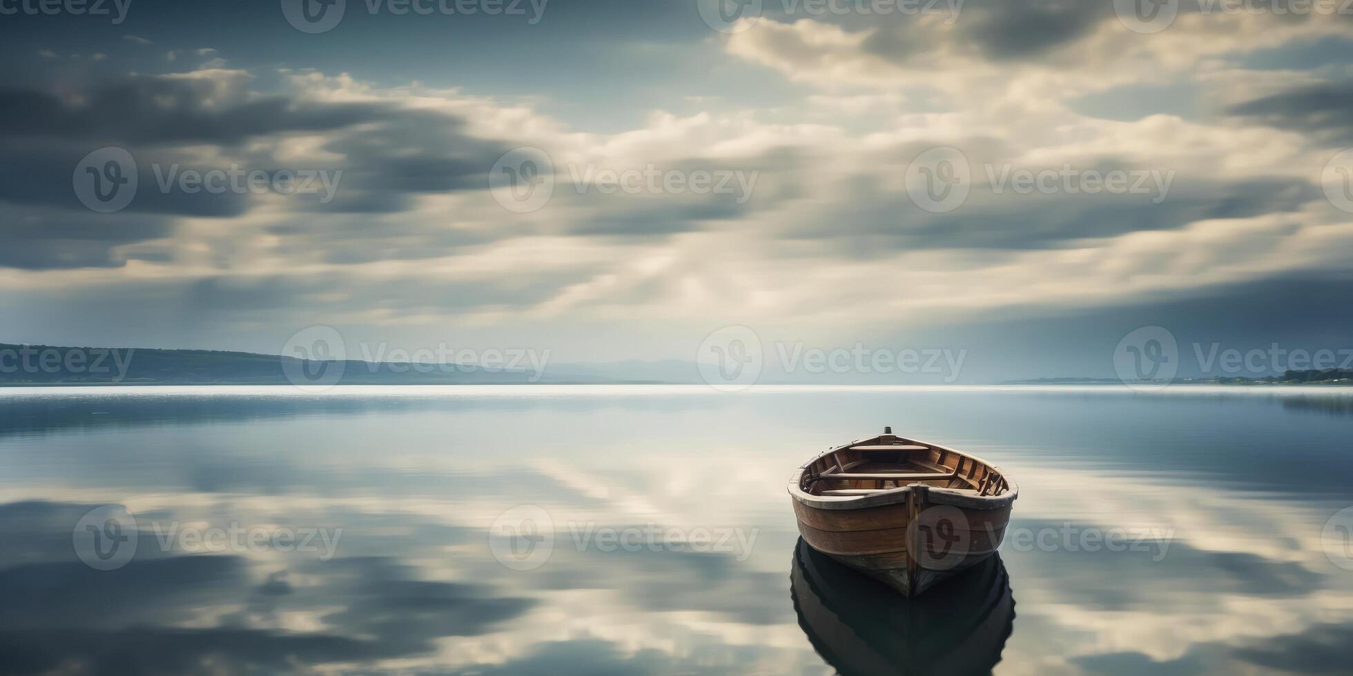 A large body of water, centrally positioned beneath a cloud-filled sky, hosts a solitary boat. photo