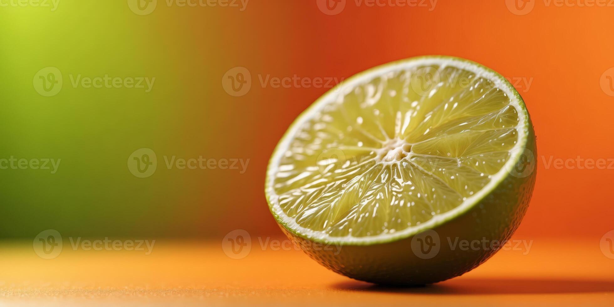 Close-up of a lime half on a vibrant orange background Minimalist and vibrant citrus fruit idea. photo