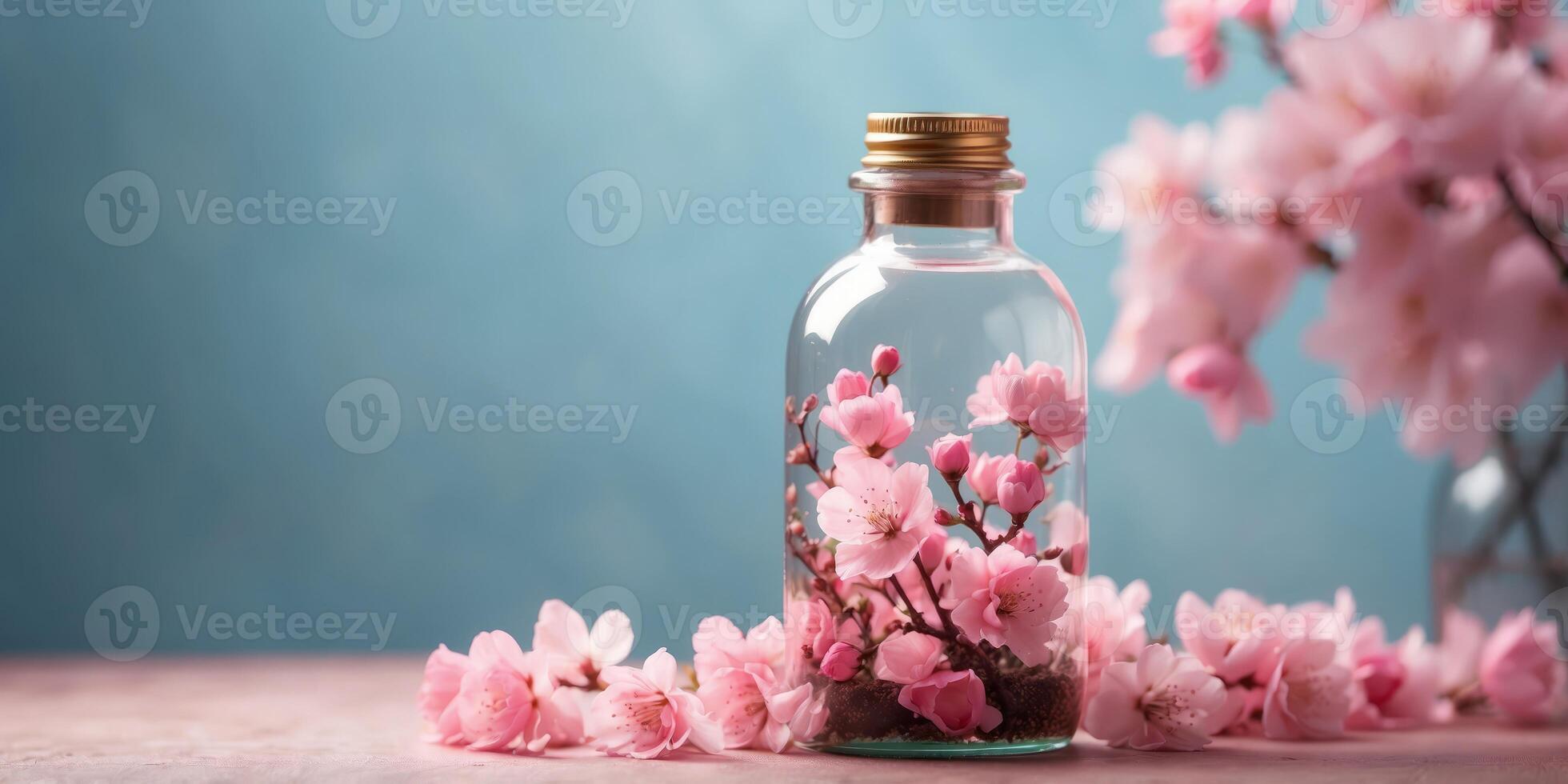 Creative spring composition made of cherry blossom in a bottle on pink background Minimal love idea. photo