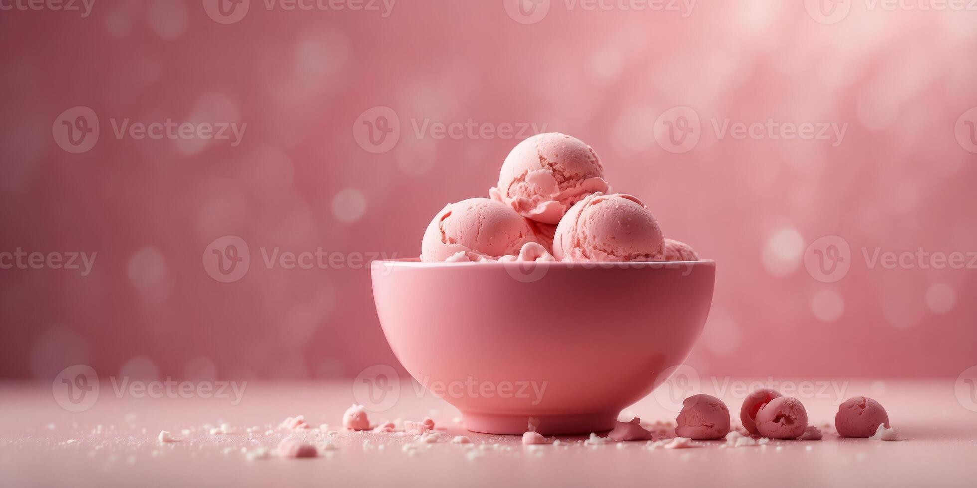 A pink surface backs a bowl, its contents a blend of pink and white ice cream Behind, a pink wall stands still. photo