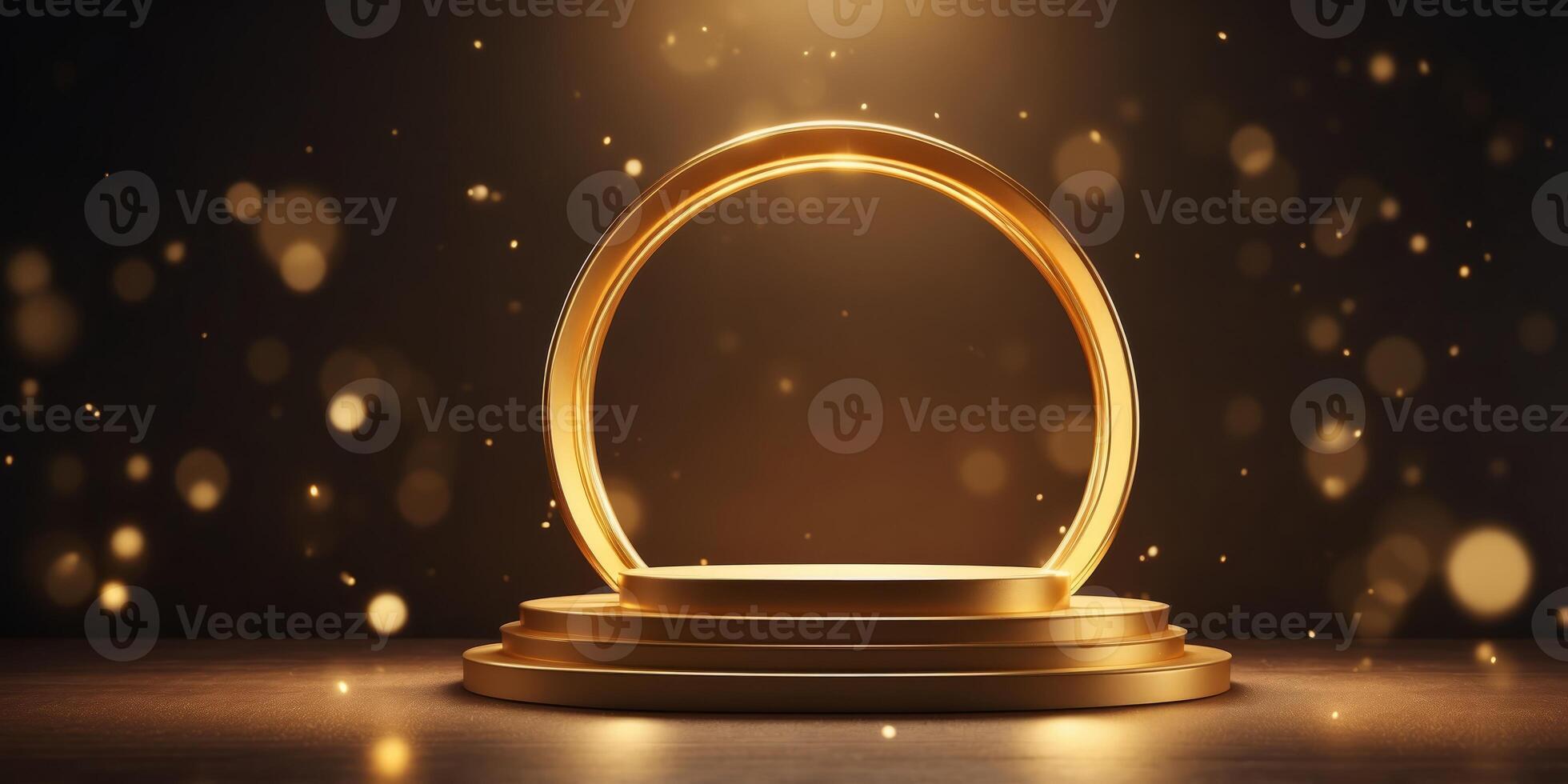 a podium in the shape of a golden circle, illuminated with dazzling light effects. photo