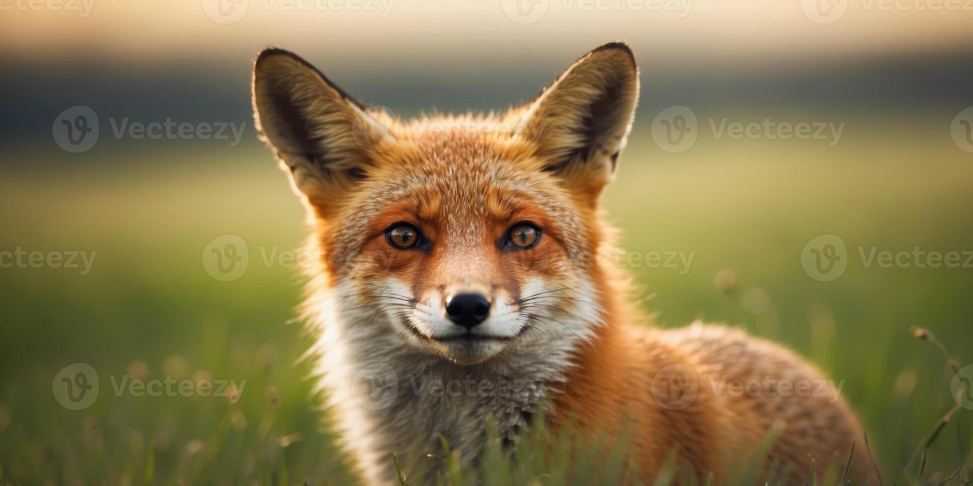 A tight shot of a fox's face, with grass in the foreground and a soft, indistinct sky in the background. photo
