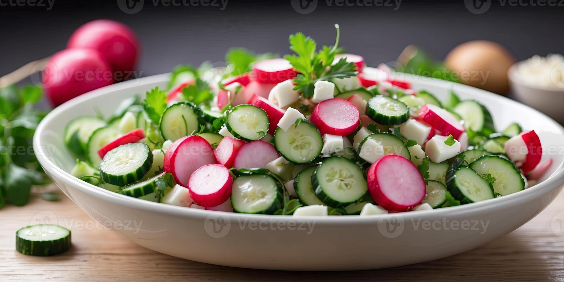 Radish and cucumber salad with sour cream or yogurt dressing. photo