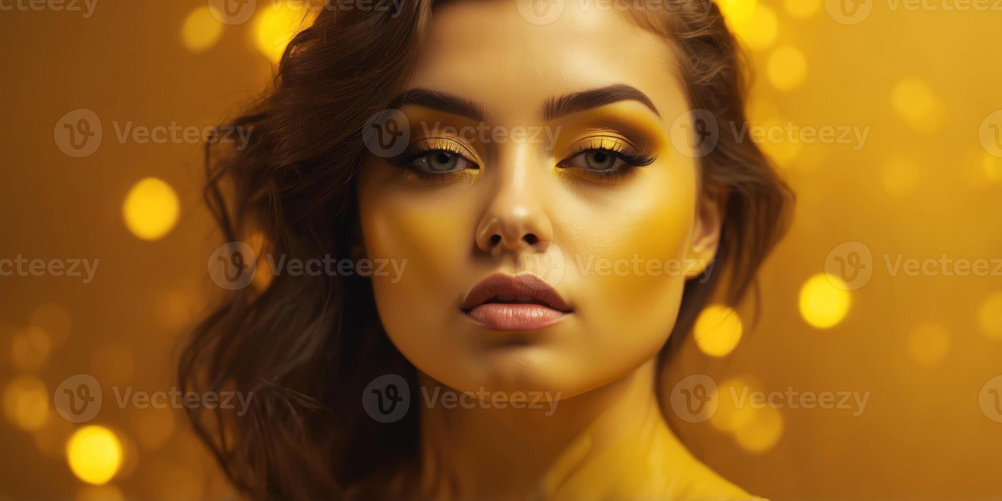 A stunning model with yellow makeup, on hard yellow background. photo
