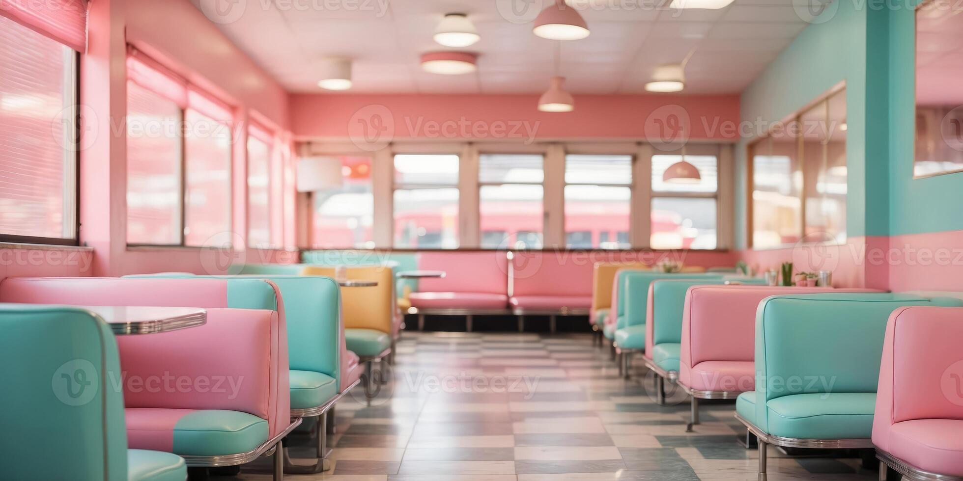 Colorful retro diner interior with vibrant pastel booths and checkered floor Playful and nostalgic atmosphere with contemporary aesthetic. photo