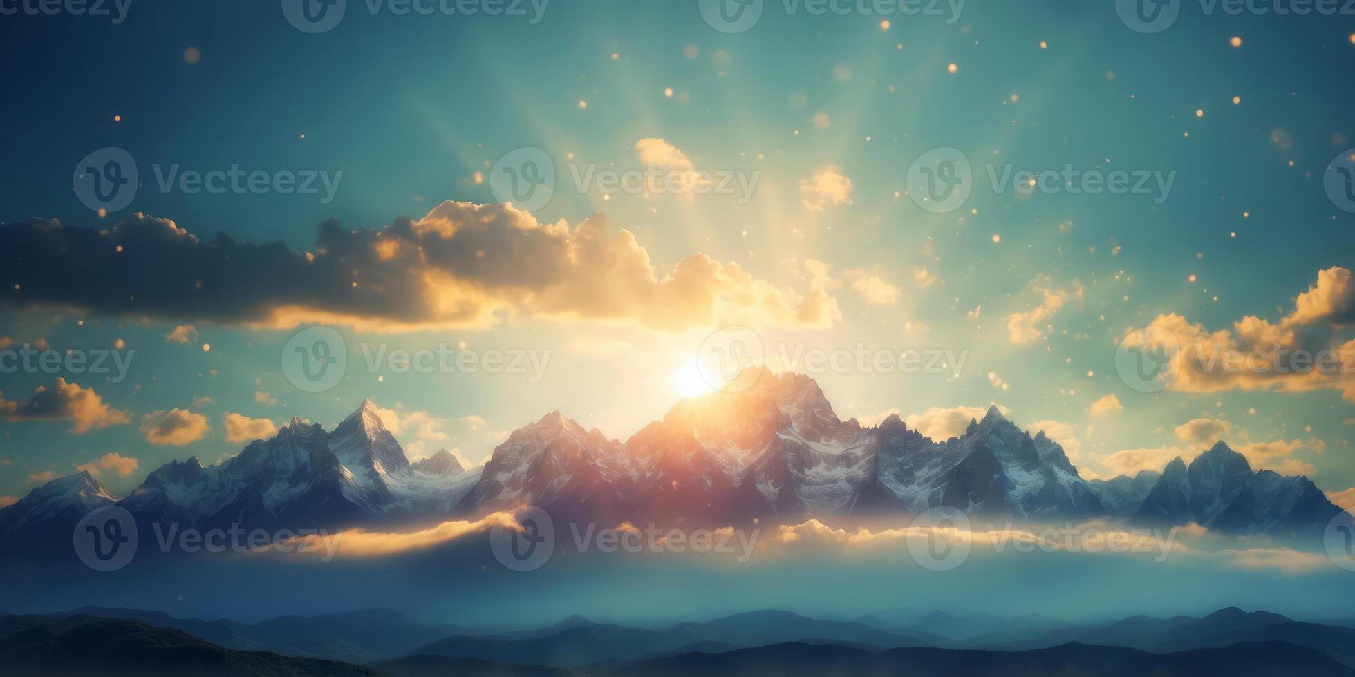 clouds scatter across the sky, with the sun, a radiant beacon, situated centrally atop the peaks. photo