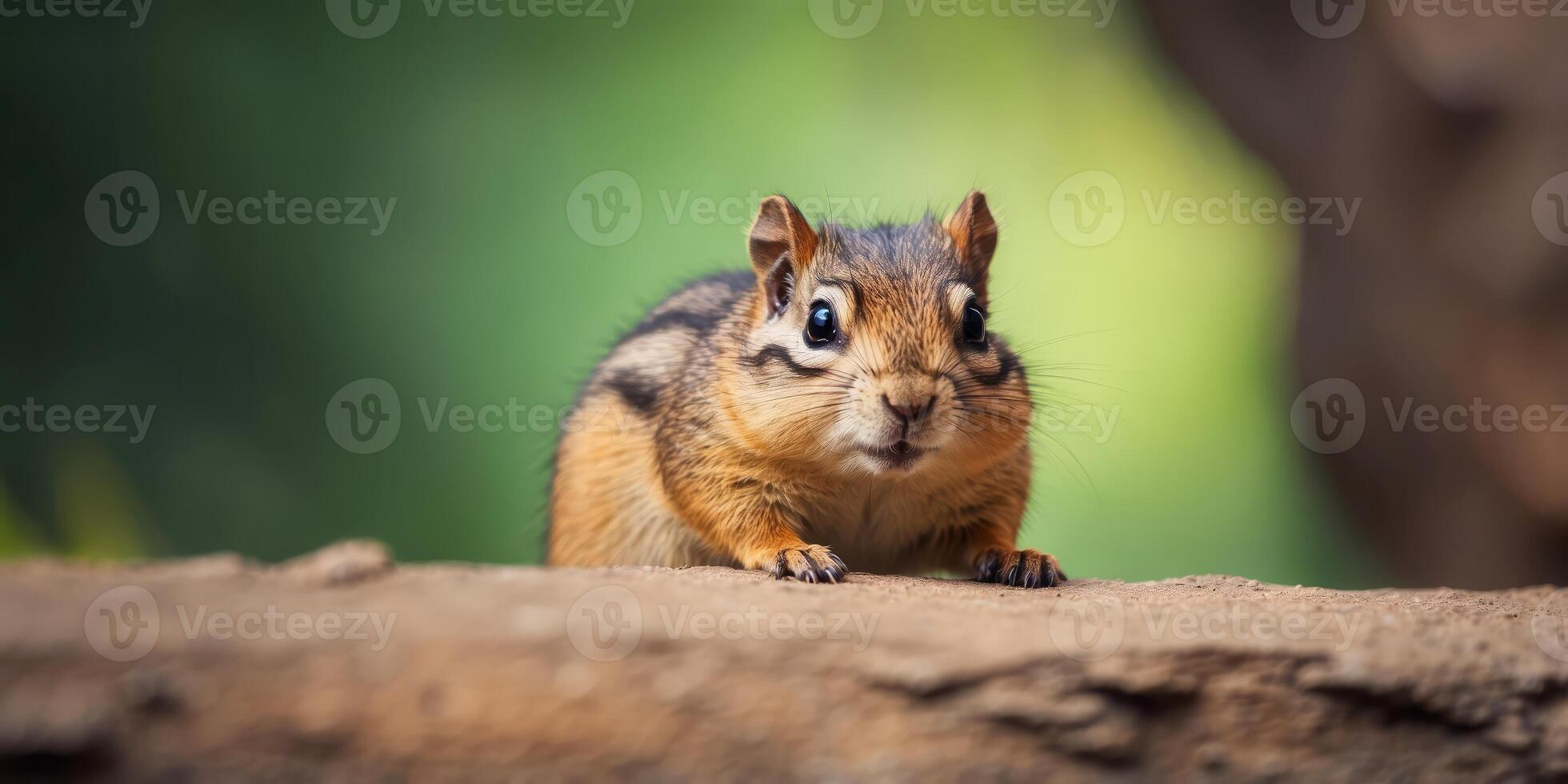cute chipmunk coming through crack hole in solid color background with copy space. photo
