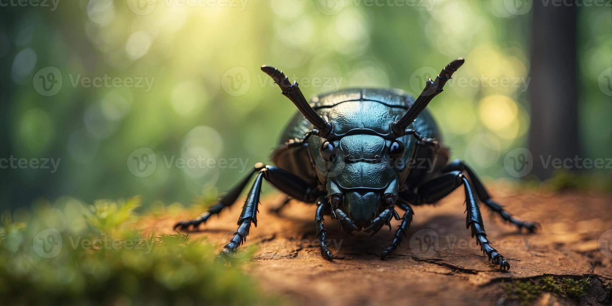 One close-up of one horned beetle in a forest. photo