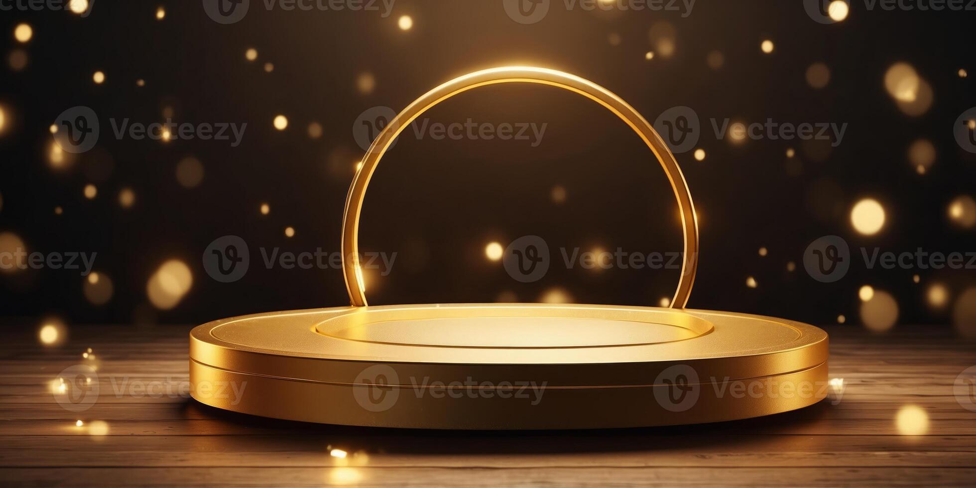 a podium in the shape of a golden circle, illuminated with dazzling light effects. photo