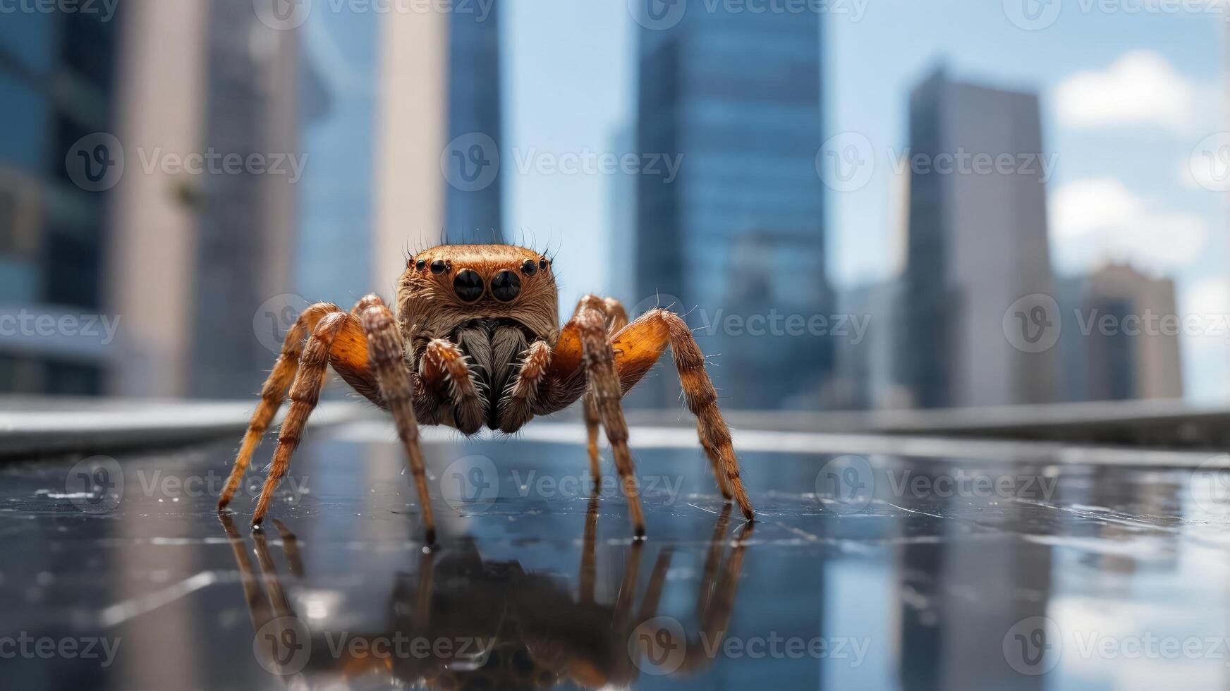A spider is crawling on a web between two skyscrapers. photo