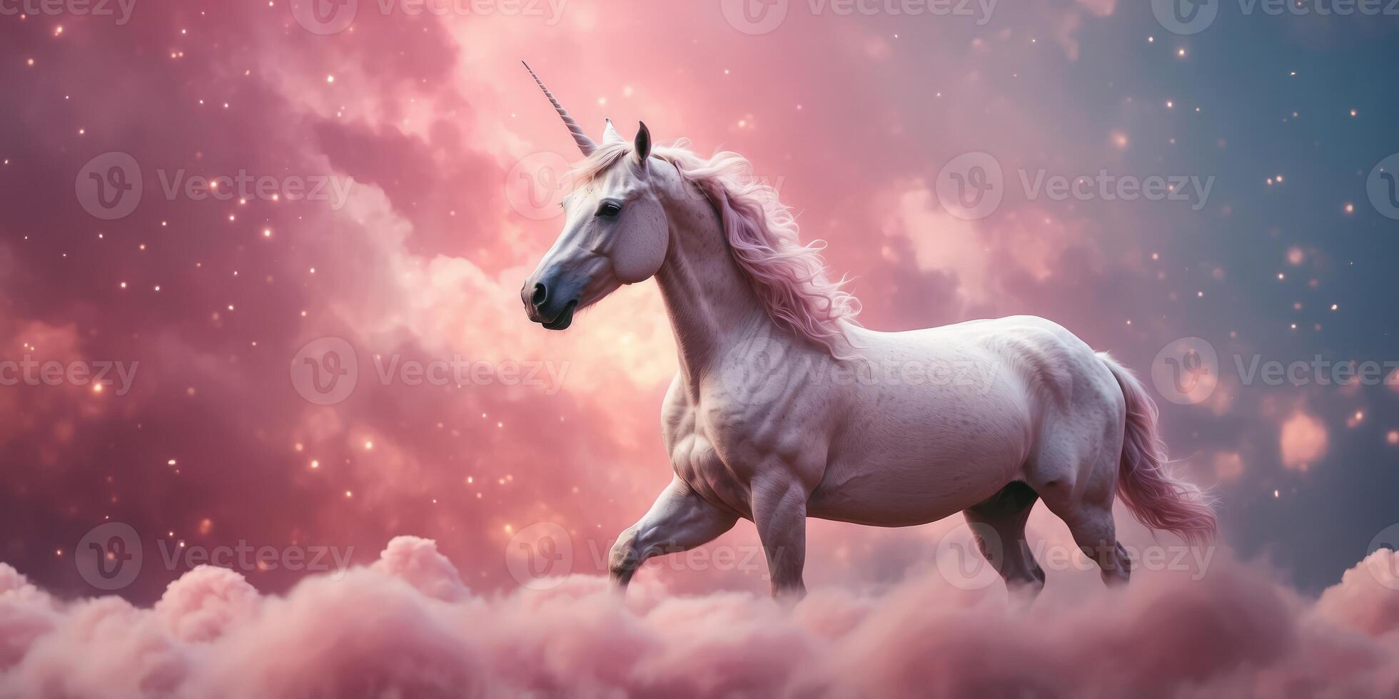 A majestic unicorn emerging from pink clouds, embodying fantasy and whimsy. photo