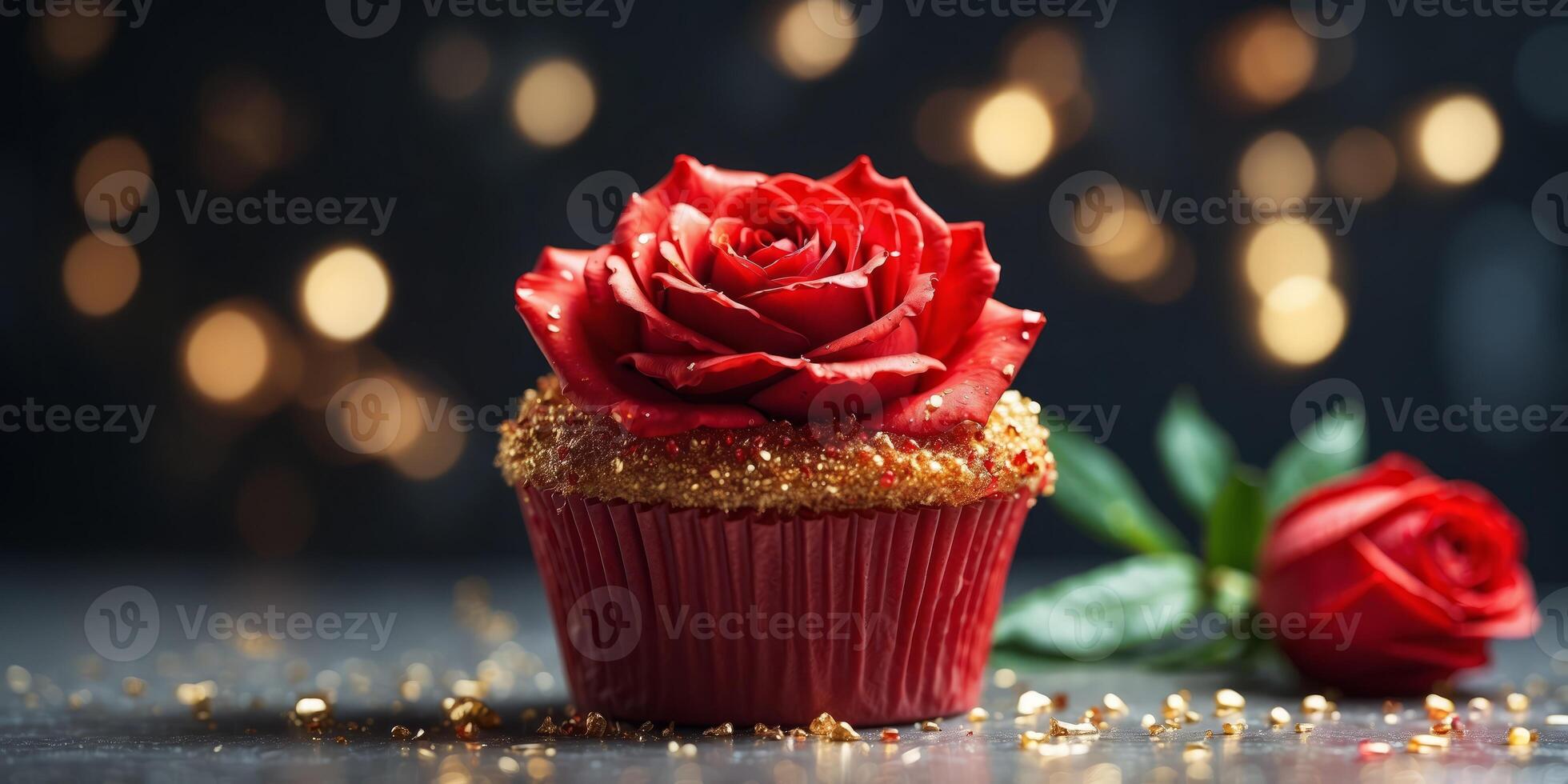Creative red rose made of delicious cupcake Abstract summer or spring idea. photo