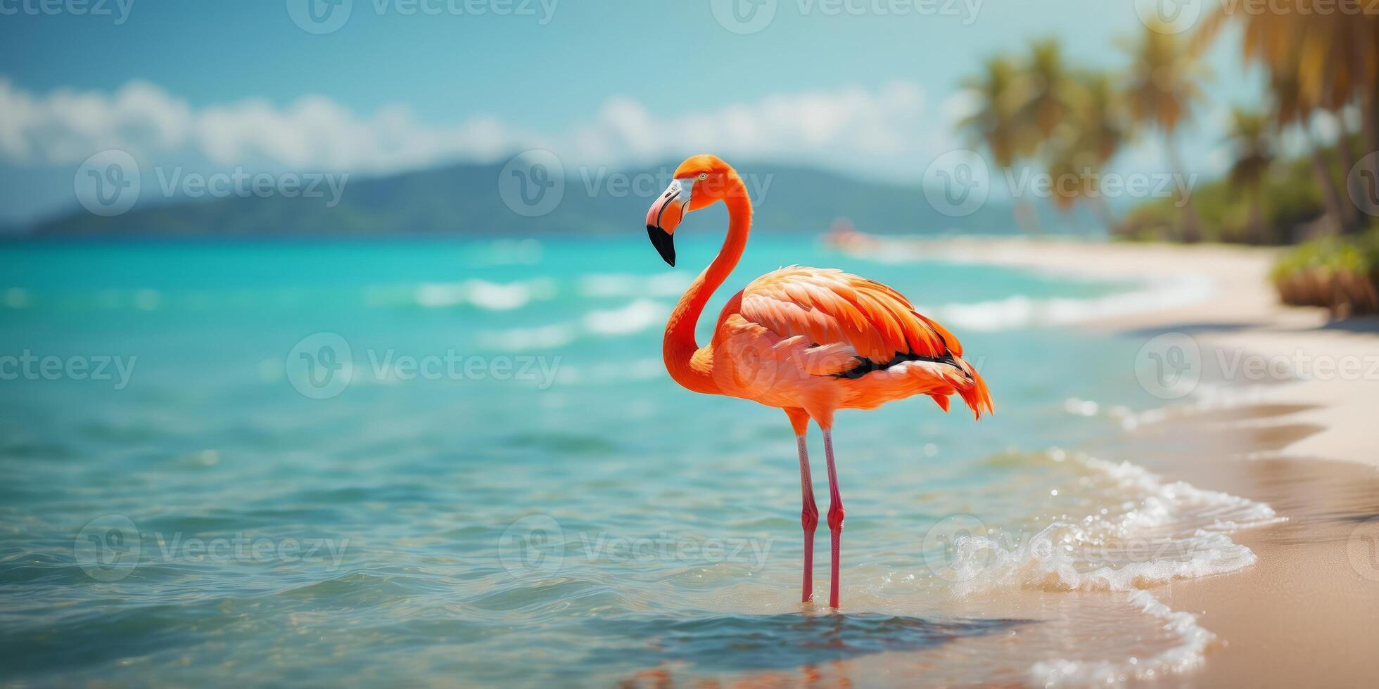 Vibrant image of an orange flamingo float in clear turquoise water near a tropical beach Whimsical and playful scene with a summer aesthetic. photo