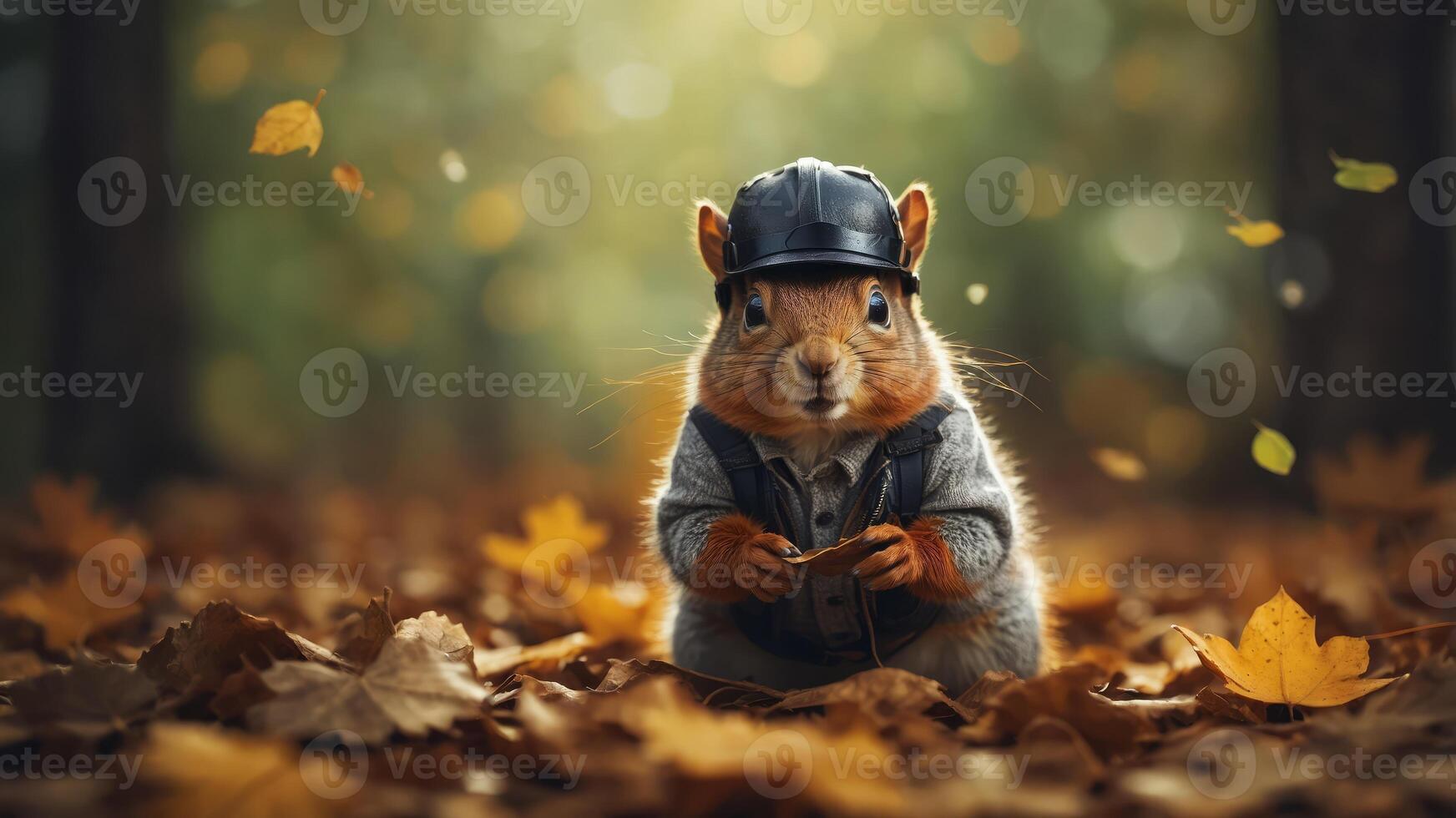 A squirrel wearing a hat and goggles holds a leaf in its paws while standing on a pile of fallen leaves. photo