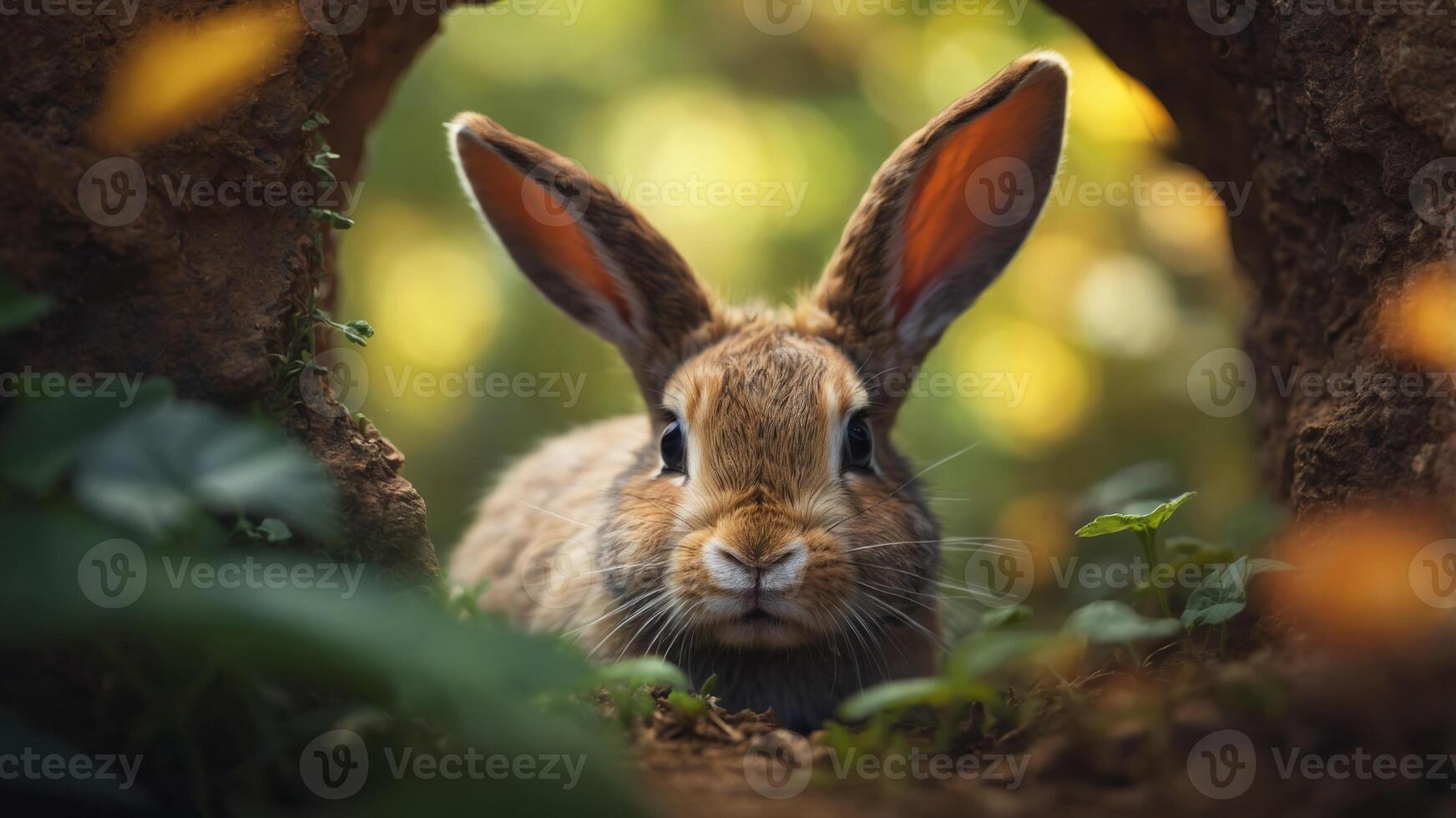 little ranbbit looks through an hole in panper. photo