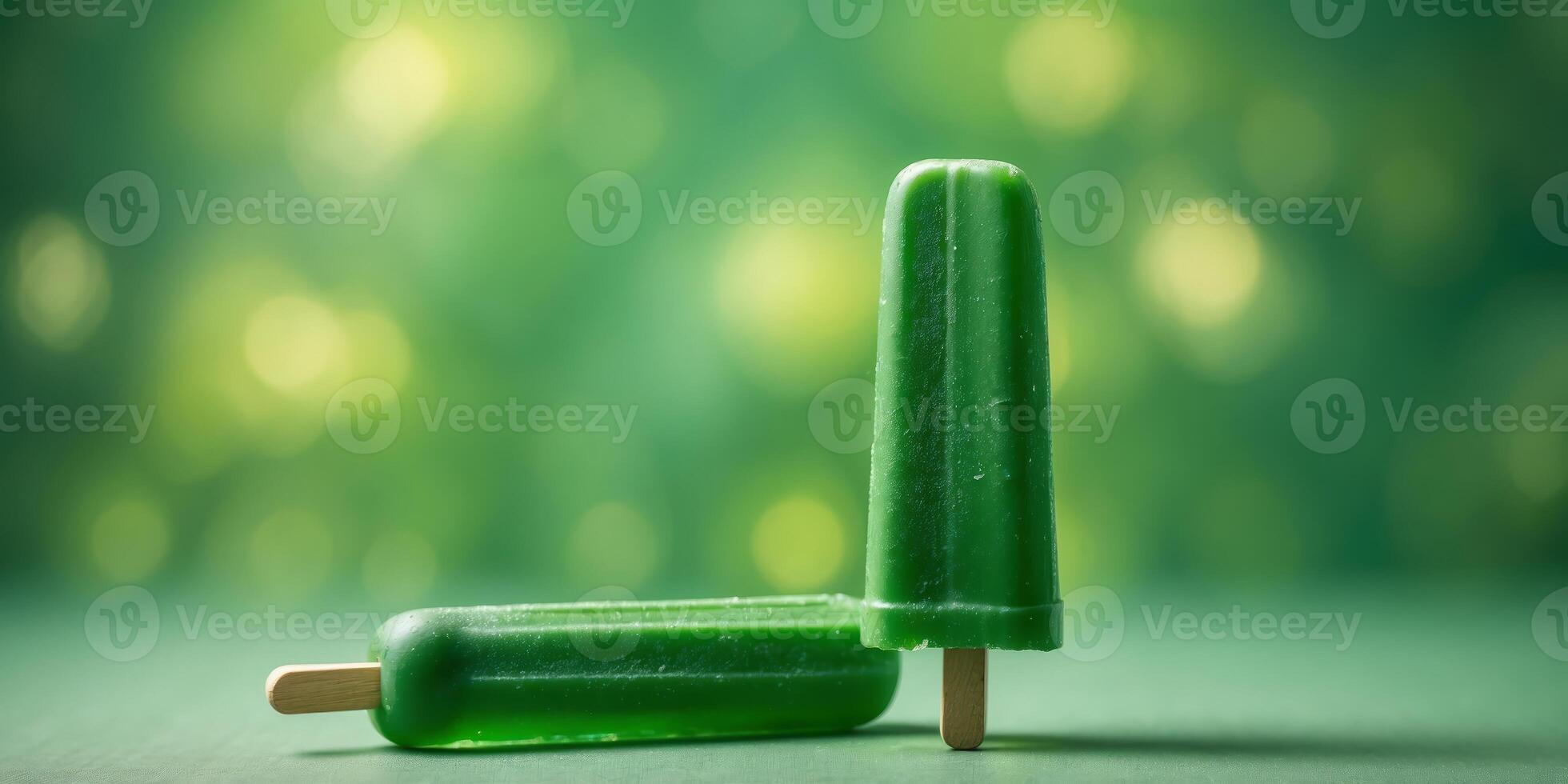 Creative green popsicle on a matching green background Minimal and contemporary summer treat idea. photo