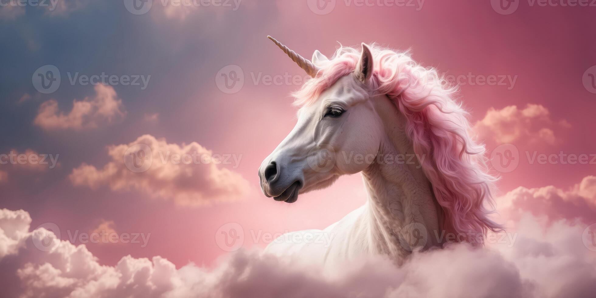 A majestic unicorn's head emerging from fluffy pink clouds, evoking fantasy and wonder. photo