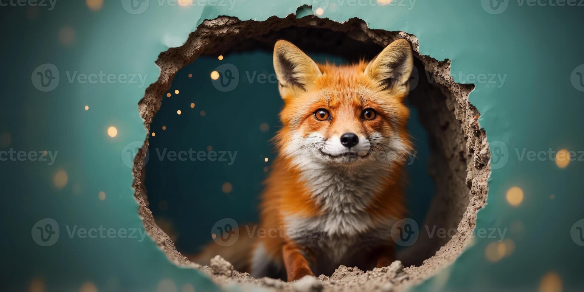 cute fox coming through crack hole in solid color background with copy space. photo