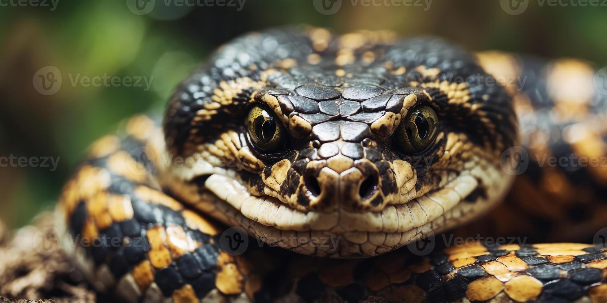 Close-up of a snake's head, showing its eye and scales. photo