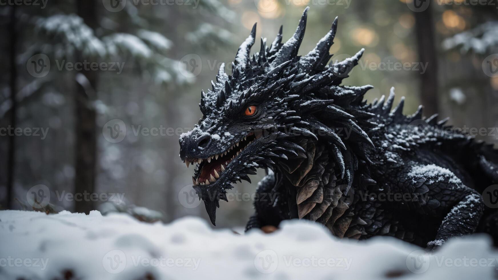 black ferocious dragon in the snowy forest. photo