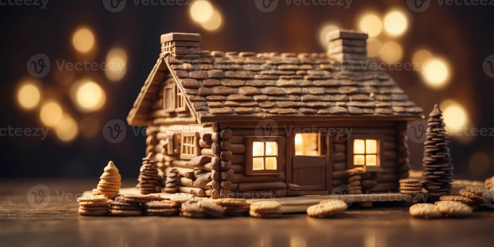 A log cabin with walls made of cookie logs, a frosting chimney, and a roof of chocolate shingles. photo