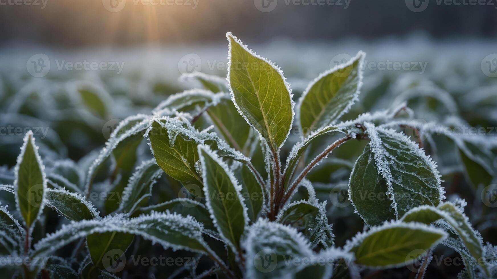 Zoom in on the delicate frost on leaves during a cold morning. photo