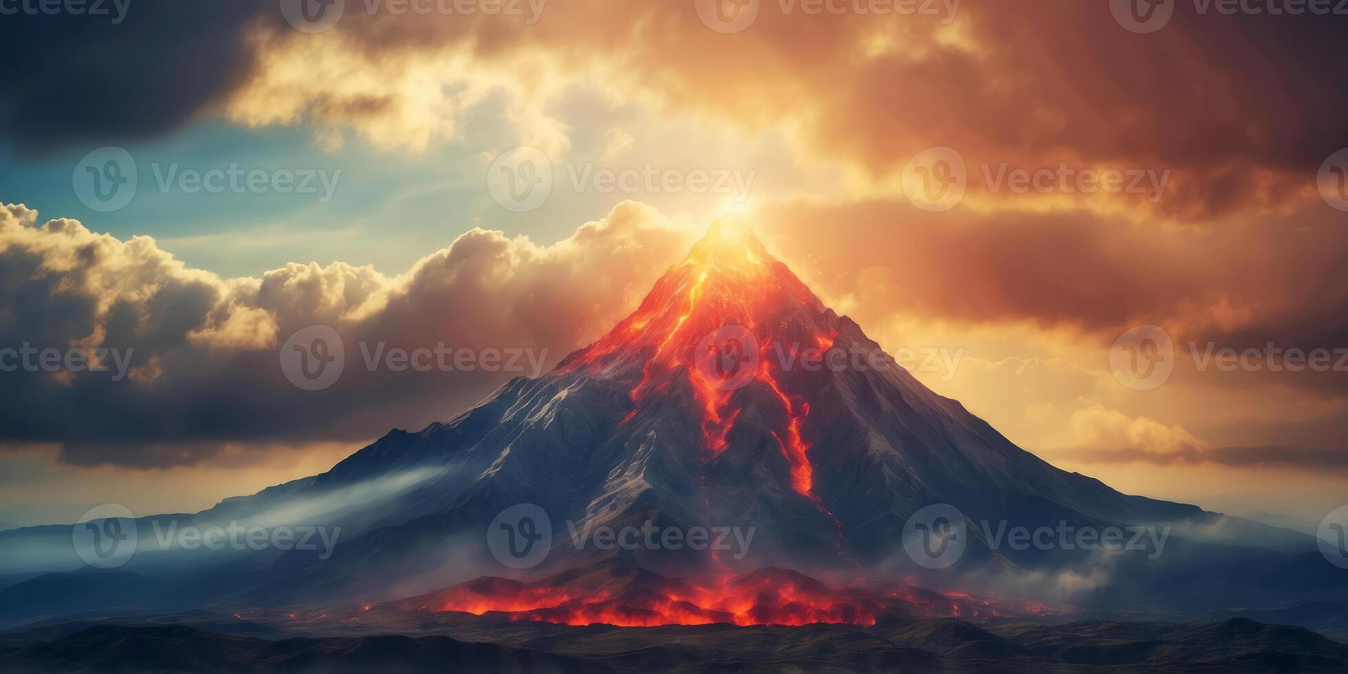 Volcano amidst cloudy sky, sun at its heart, clouds in foreground. photo
