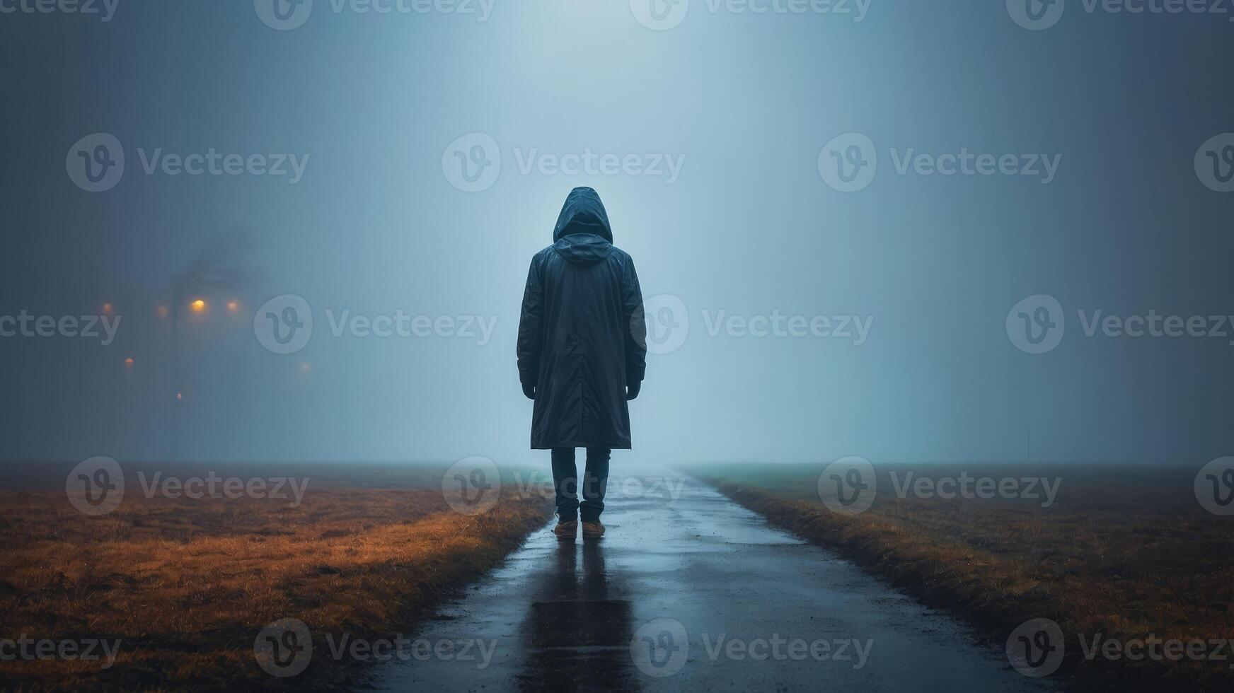 One lone figure in one boonet, onedrift in one foggy loneke. photo