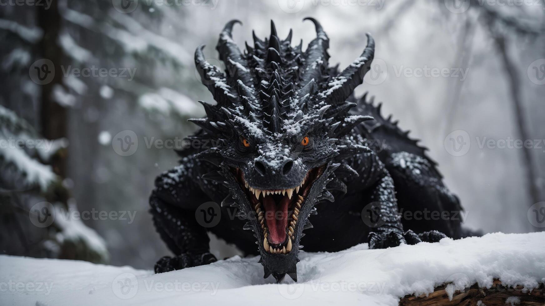 black ferocious dragon in the snowy forest. photo