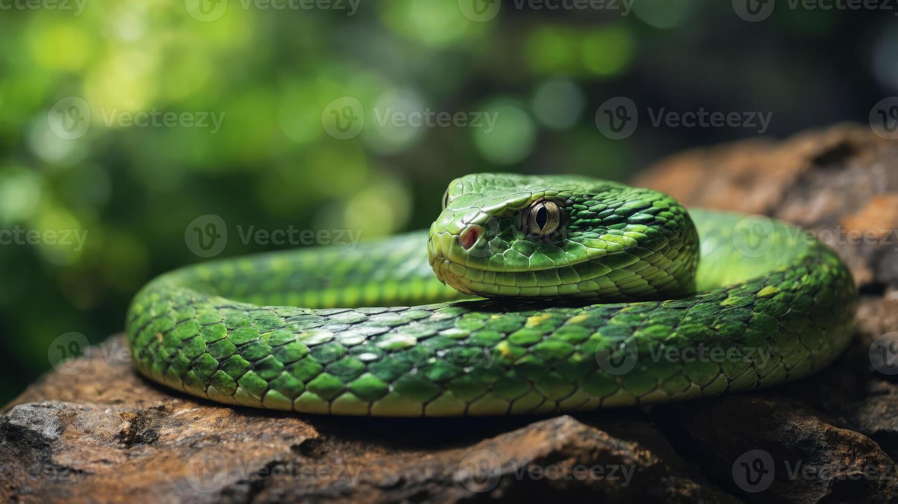 green snake laying on top of a rock close up. photo
