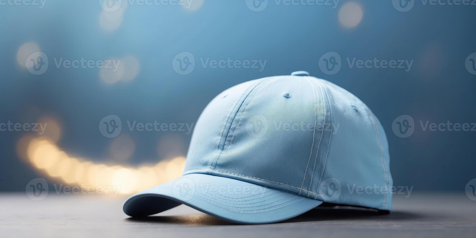 A light blue baseball cap rests on a matching light blue background, featuring white stitching along the hat's side. photo