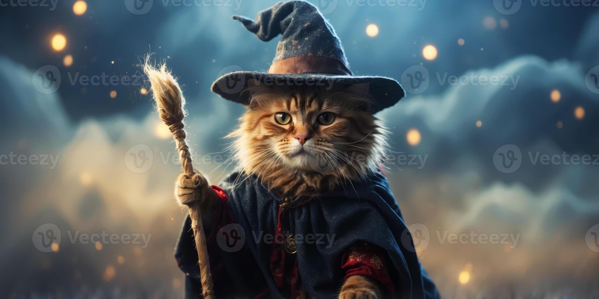 A magical cat riding a broomstick through the clouds, with a cape and hat. photo