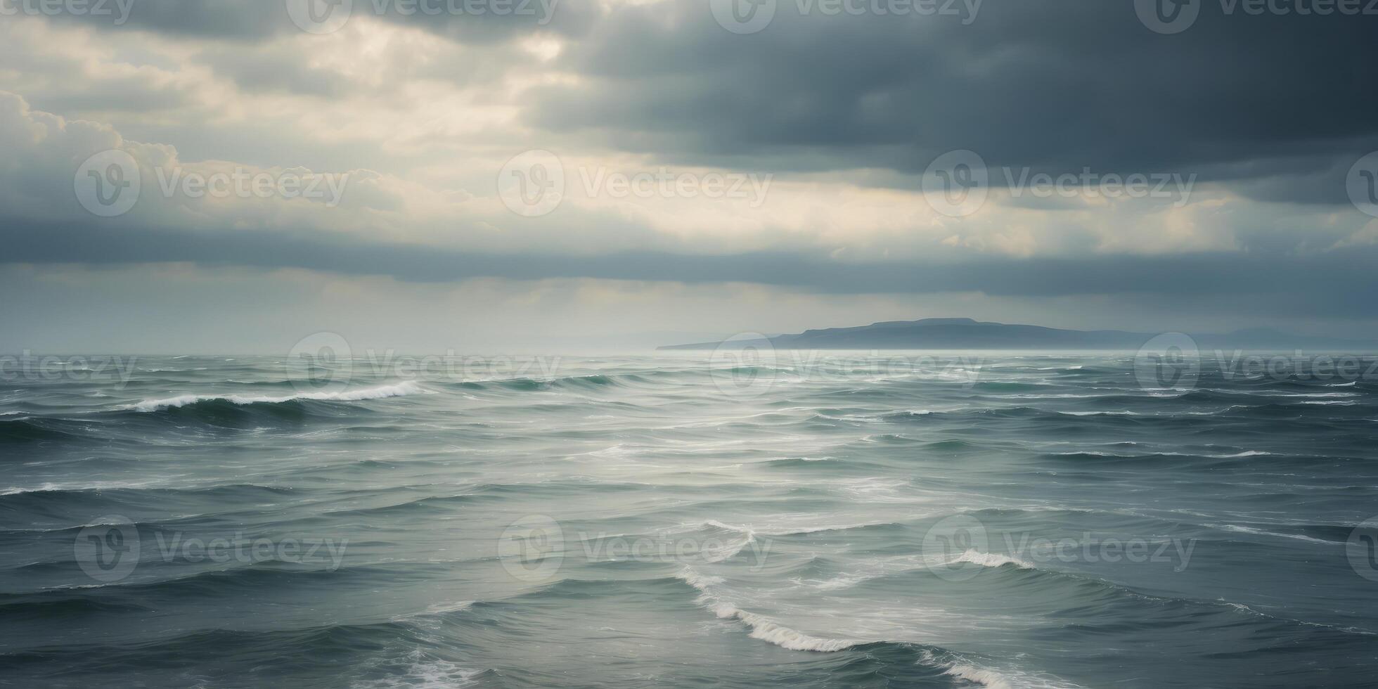 A monochromatic landscape depicting a cloudy seascape. photo