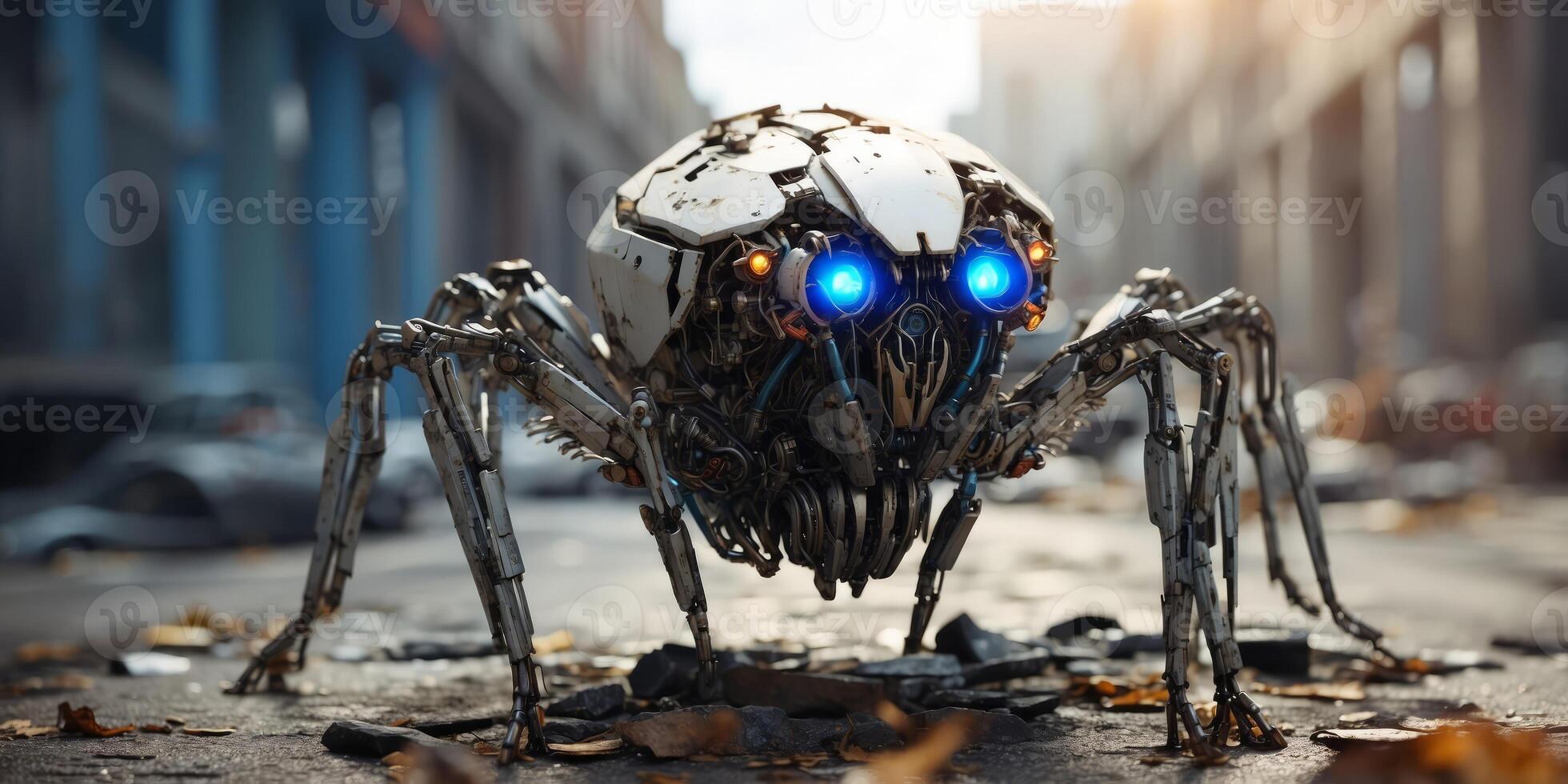 A robot spider with a blue eye is walking through a destroyed city. photo