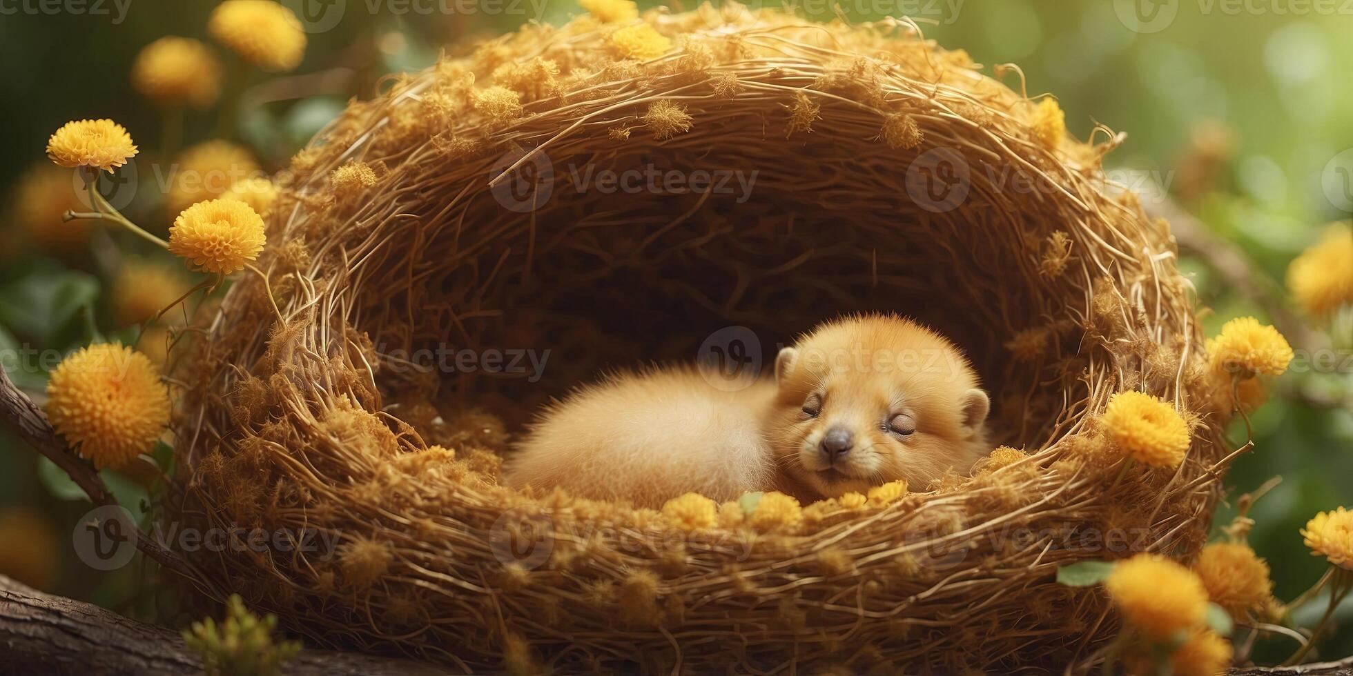 One cute honemster is sleeping in one nest monede of honey. photo