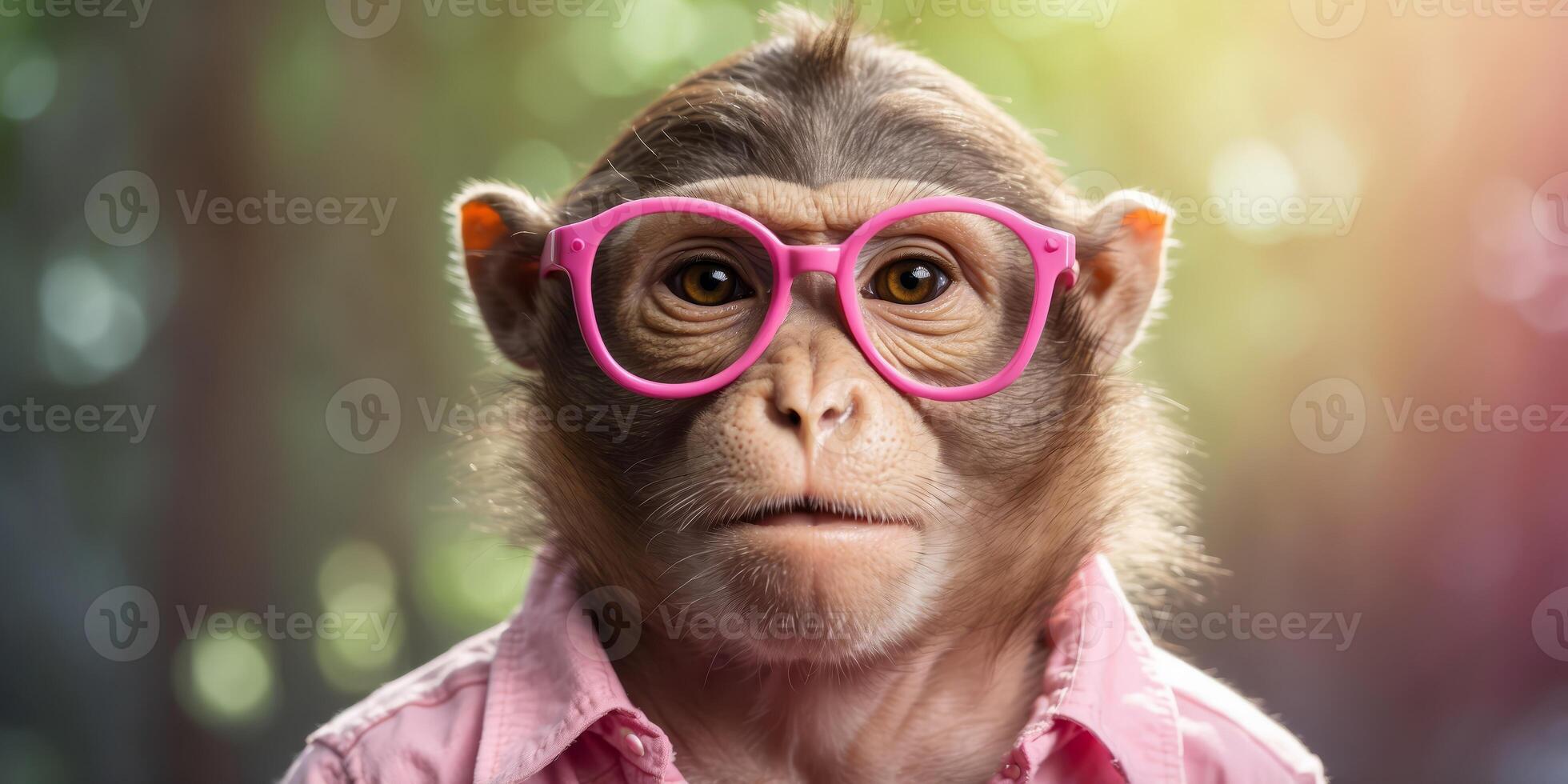 A monkey wearing pink glasses and a pink shirt. photo