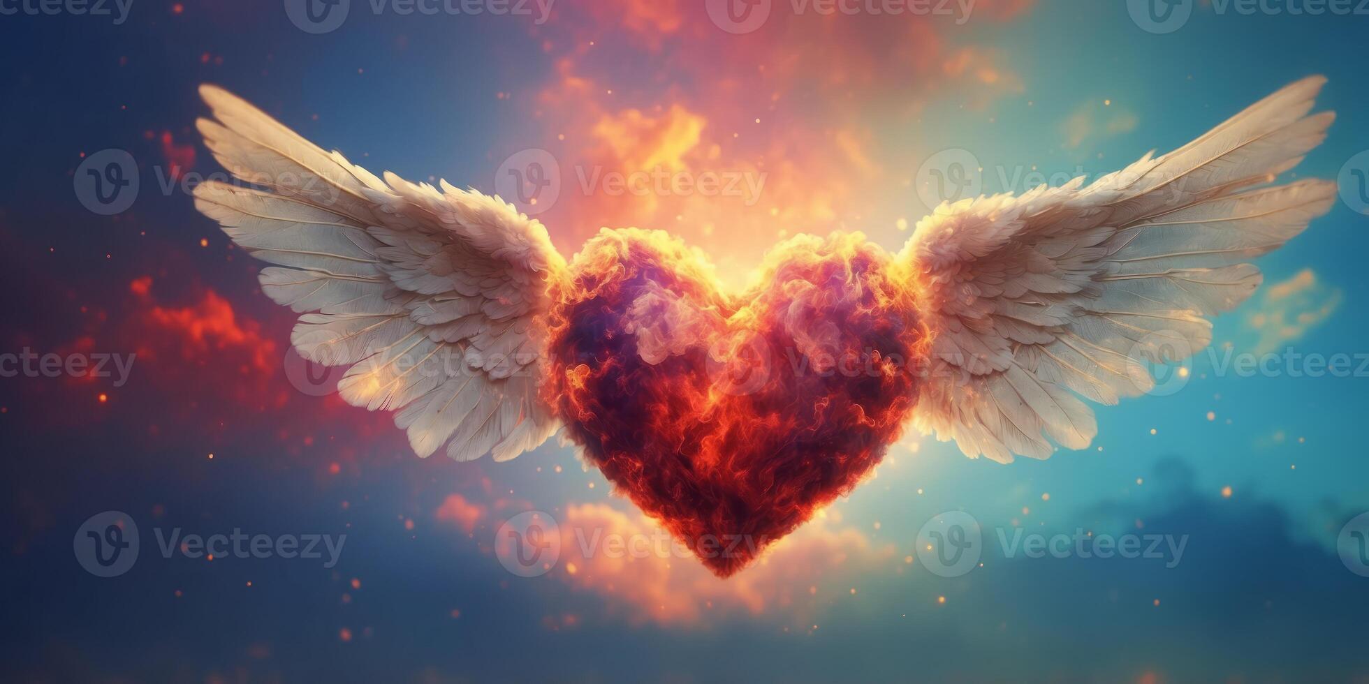 A heart with angelic wings emerging from vibrant clouds. photo