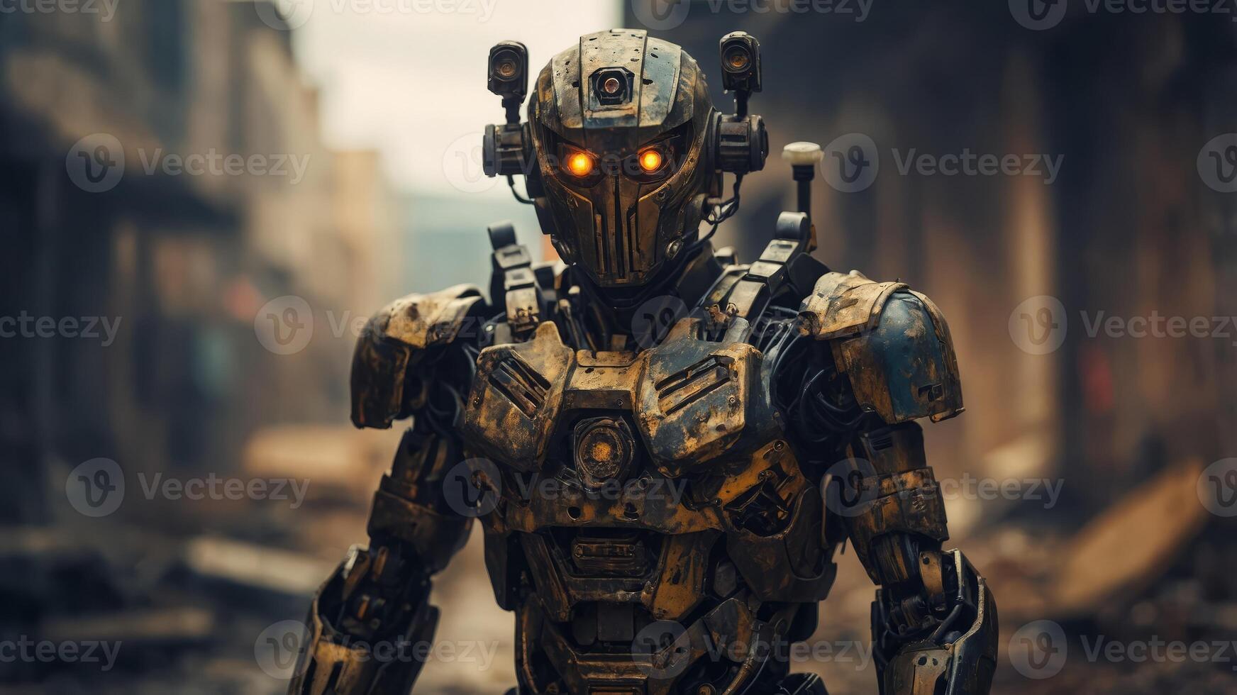 A robot soldier stands guard in a post-apocalyptic world. photo