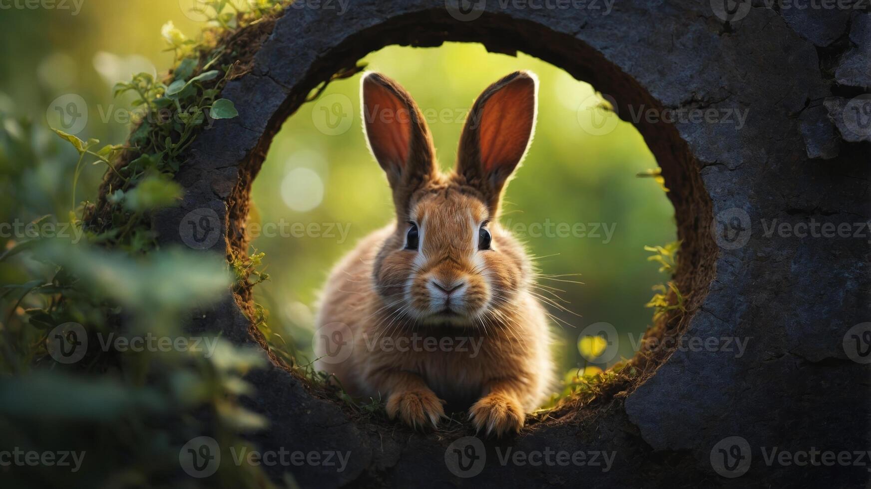 little ranbbit looks through an hole in panper. photo